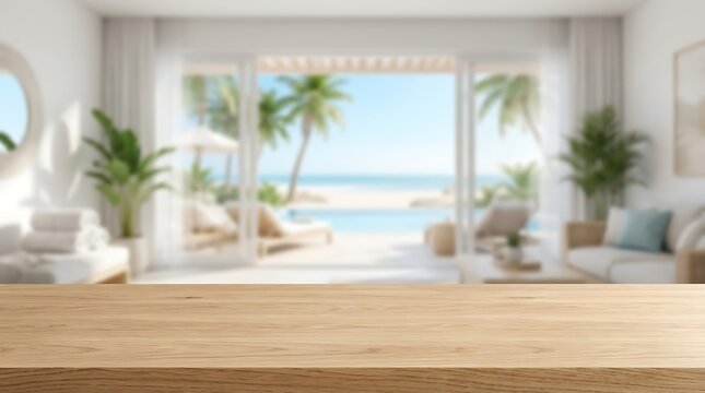 Empty wooden table top with blurred luxury beach resort villa interior for product presentation mockup background