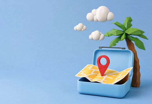 3D Paper Craft Travel Concept Featuring Blue Suitcase, Folded Map, Red Location Pin, Palm Tree, and Clouds for Adventure Design