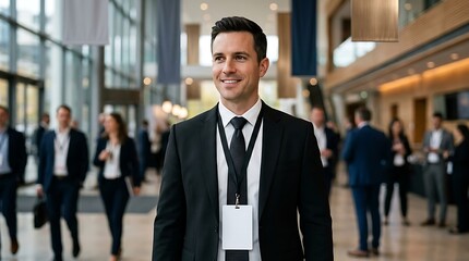Fototapeta premium Professional businessman wearing a suit and blank ID badge walking through a busy corporate office lobby.