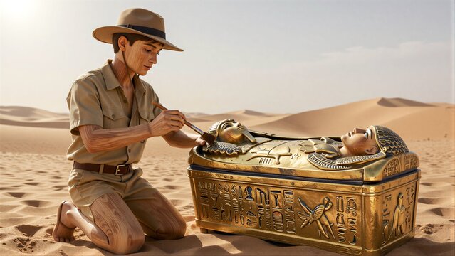 Desert explorer kneels before golden Egyptian sarcophagus, brushing away dust with reverence.
