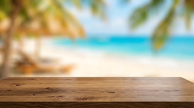 Empty wooden table with blurred tropical beach background for product mockup displays and summer holiday advertisements