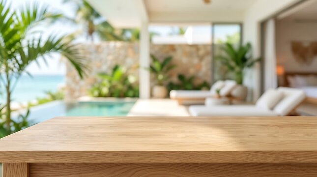 Empty wooden table with blurred tropical resort and pool background for product display on summer holiday website banner
