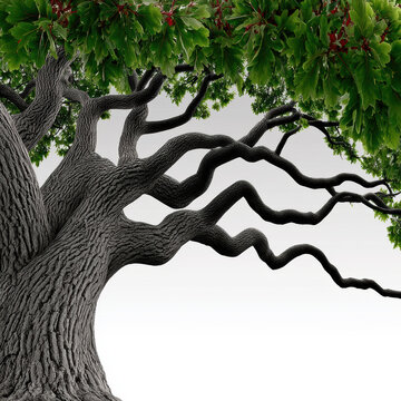 Majestic vintage oak tree with elegant twisted branches, textured bark, and lush green leaves against white background