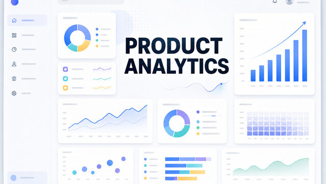 Modern product analytics dashboard interface featuring growth graphs, bar charts, donut charts, heatmap, and performance metrics in a clean blue design.