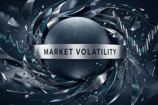 Abstract financial market volatility concept featuring a dark metallic sphere, shattered glass, dynamic ribbons, and stock trading charts.