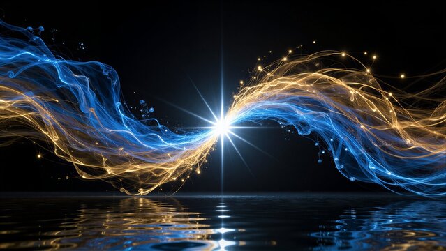 Blue and gold energy streams converge over water, creating a radiant celestial display.