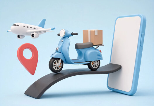 Visual Concept of Global Shipping and Online Logistics Showing Package Transport, Smartphone Interface, and Air Travel Integration