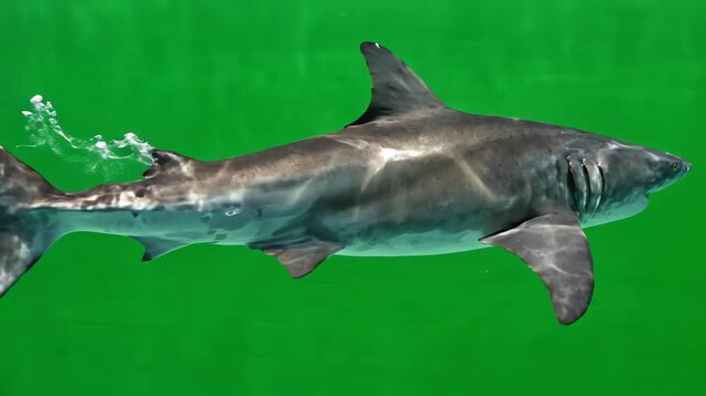 Great white shark swimming through water on a green screen background with realistic movement and sunlight reflections on its skin
