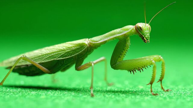 Green praying mantis walking slowly across a bright green screen background with detailed leg movements and antennae twitching