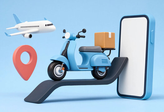 3D Illustration of Delivery Logistics Concept Featuring Scooter with Package, Smartphone, Location Pin, and Airplane for Transport Services