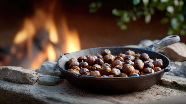 Roasted chestnuts in cast iron pan by outdoor fire, autumn snack, rustic setting, warm atmosphere, natural light, cozy mood