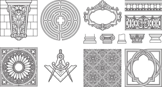 Architectural and masonry symbols including a decorative corbel, a circular maze, ornate frames, railings, and drafting tools in line style