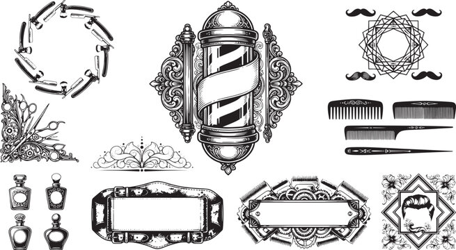 Barber shop decorative and tools set, featuring barber pole, straight razors, combs, perfume bottles, and mustache in line style