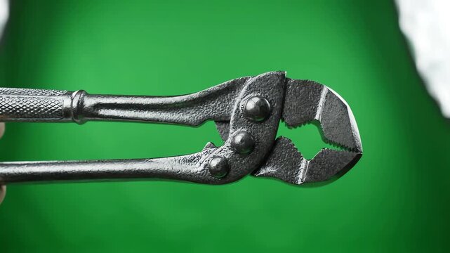 Heavy duty metal cat paw nail puller tool rotating and prying in mid air against a solid green screen for video production