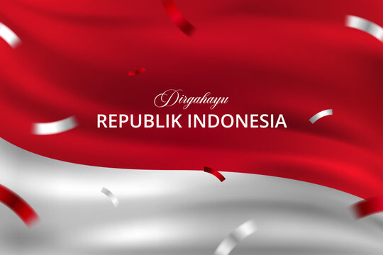 Realistic Waving Indonesian Flag Background Banner with Confetti for Dirgahayu Republik Indonesia Independence Day Celebration