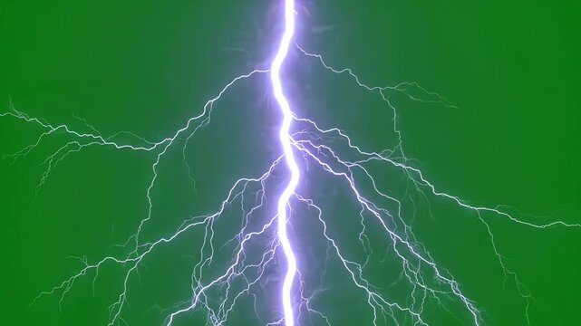 High intensity electric lightning bolt striking vertically with dramatic branching discharge against a solid green screen background