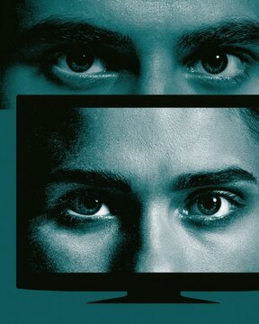 A tv silhouette displays an eye chart with pupils looking back. This scene combines the elements of viewing and observation in a unique way.