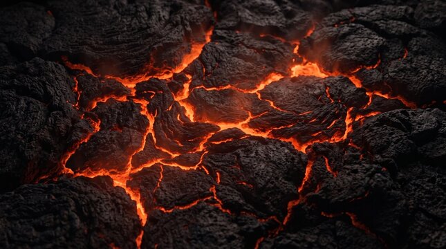 Molten Volcanic Lava Flowing Through Dark Cracked Earth Texture