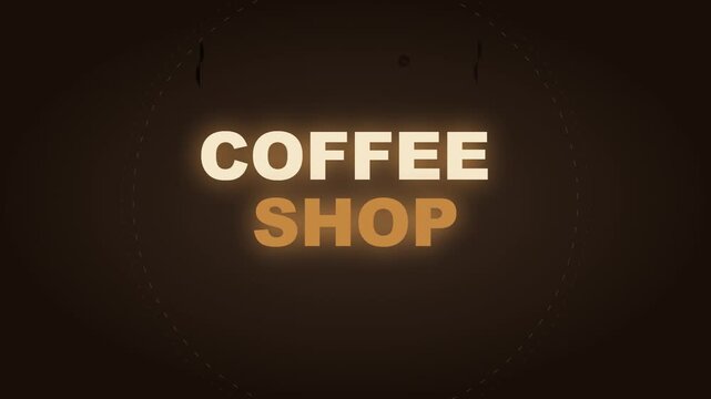 Animated text graphic displaying coffee shop signage with glowing neon lettering on dark brown backdrop for cafe branding and menu design