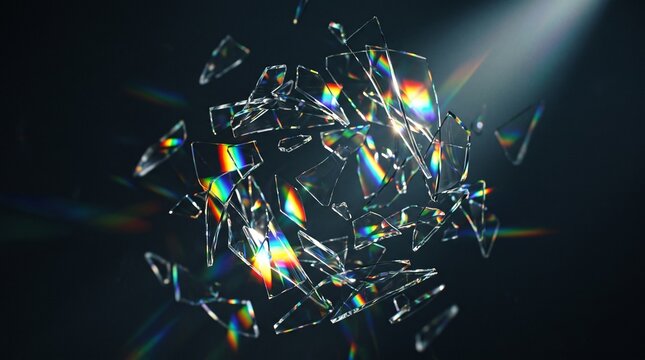 Abstract 3D rendering of shattered glass pieces floating with colorful prism light refractions in dark space