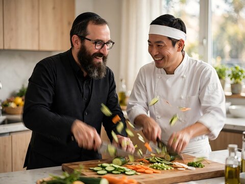 Happy Orthodox Jewish man and Asian chef chopping vegetables together in a bright kitchen, fast motion, smiling and cooking