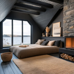 Obraz premium Cozy luxurious bedroom with lake view, modern rustic decor, stone fireplace, large window, soft bedding, warm lighting, serene atmosphere