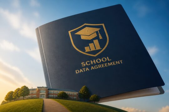 School data agreement document with graduation icon and campus background