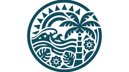 Circular Tropical Emblem with Palm Trees and Waves. © Dika