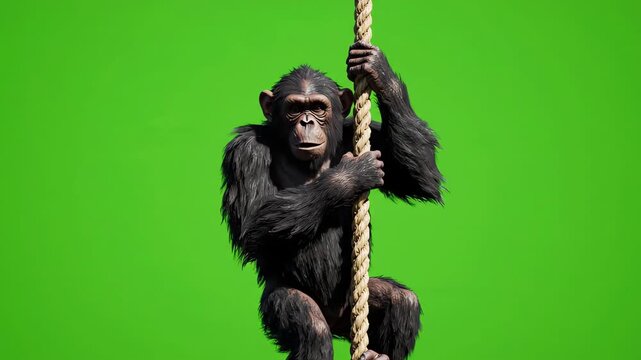 Realistic 3D chimpanzee monkey climbing up a vertical rope against a bright chroma key green screen background for easy compositing