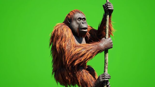 Realistic CGI orangutan with thick orange fur climbing up an invisible vine against a solid green screen background