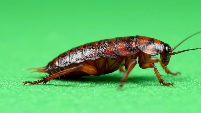 Realistic cockroach insect walking across bright green screen background for chroma key compositing and visual effects