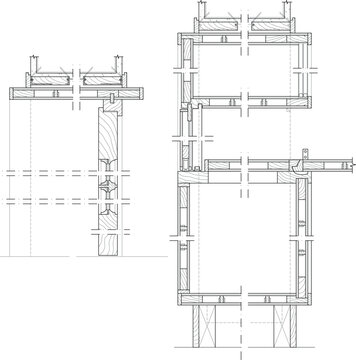 Technical CAD drawing of timber framing details showing plan and elevation views of complex wood joinery connections, beam intersections, and structural posts with grain hatching.