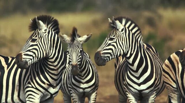 Three zebras standing closely together and looking around in African savanna