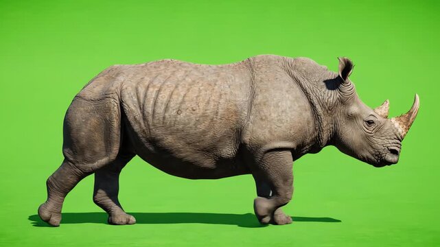 Realistic rhinoceros walking slowly across a solid chroma key green screen background for video compositing and visual effects