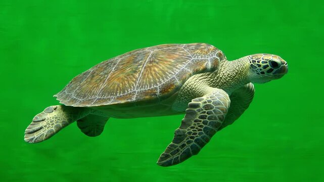 Realistic seamless loop of a sea turtle swimming with gentle flipper strokes against a bright green screen background