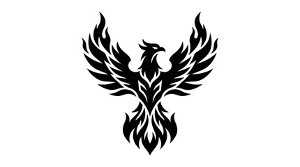 Fototapeta premium Black Phoenix Silhouette with Flames and Wings Spread Wide on White Background