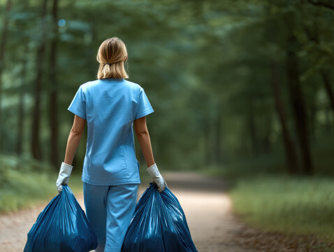 Volunteer woman in blue uniform cleaning park, carrying garbage bags, environmental care, summer day, community service