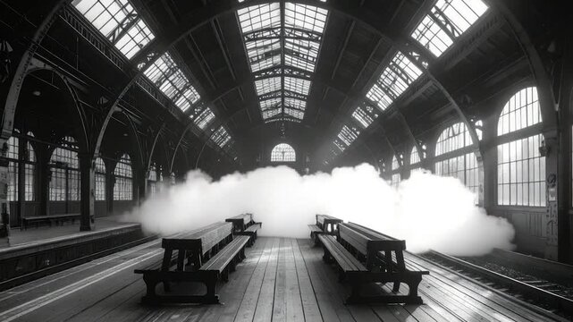 A historic train station interior with benches, smoke, and architectural details