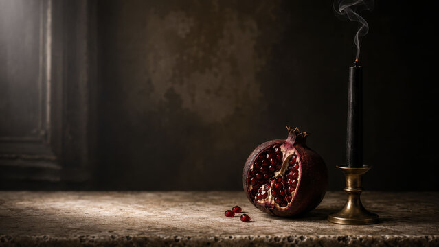 Dark Still Life with Cut Pomegranate and Smoking Black Candle in Antique Brass Holder, Moody Fine Art Composition with Dramatic Copy Space