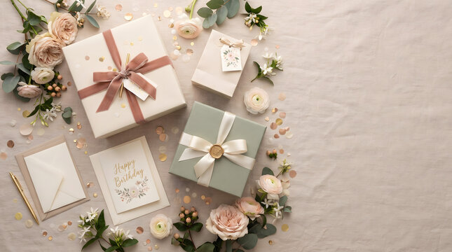 Elegant birthday gift boxes with pink ribbon, greeting card, roses and eucalyptus flat lay on beige background with copy space