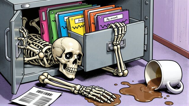 Skeleton hides in filing cabinet, coffee spills nearbyoffice chaos with a spooky twist.