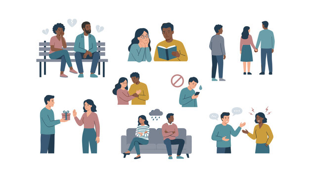 Relationship problems break up divorce argument conflict rejection and loneliness concept icons vector flat illustration set with diverse couples