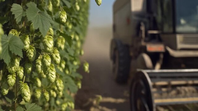Harvesting ripe hop cones with industrial machine in farm field