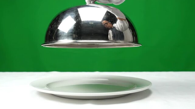 Shiny silver restaurant cloche dome being lifted up from a table plate against a solid green screen background for easy keying
