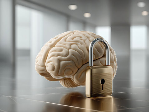 Brain padlock security protection privacy intelligence concept mental health locked metaphor modern interior