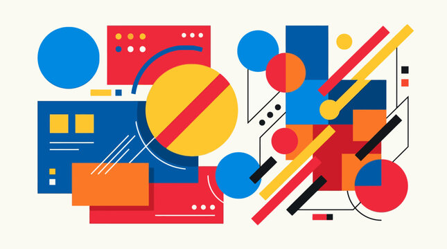 Abstract Geometric Shapes Composition: Circles, Squares, Rectangles, Lines in Primary Colors - Modern Design Background
