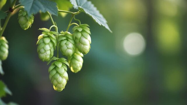 Fresh green ripe hop cones growing on the vine in a sunny field
