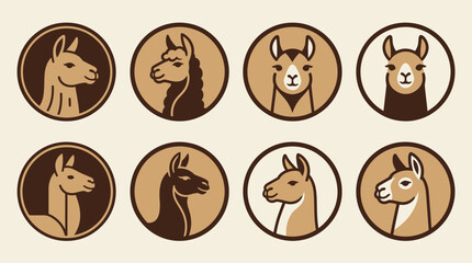 Fototapeta premium Cute Llama Icons Set: Diverse Cartoon Portraits in Circles for Branding and Design