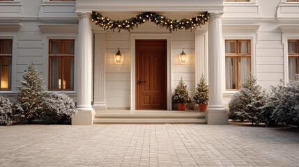 Fototapeta premium Elegant home entrance with wooden door, festive garland, potted plants, snow covered trees, and warm lighting create welcoming winter atmosphere