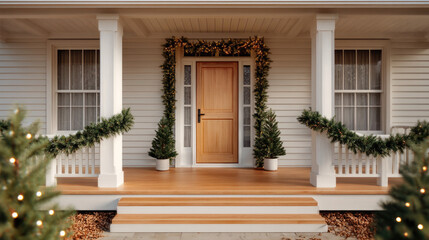 Fototapeta premium Cozy home entrance with wooden door, white porch, holiday garland, potted evergreen, festive decoration, winter, inviting atmosphere